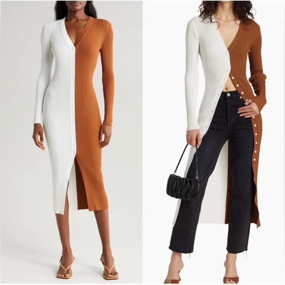 STAUD Two-Tone White and Brown sweaterDress